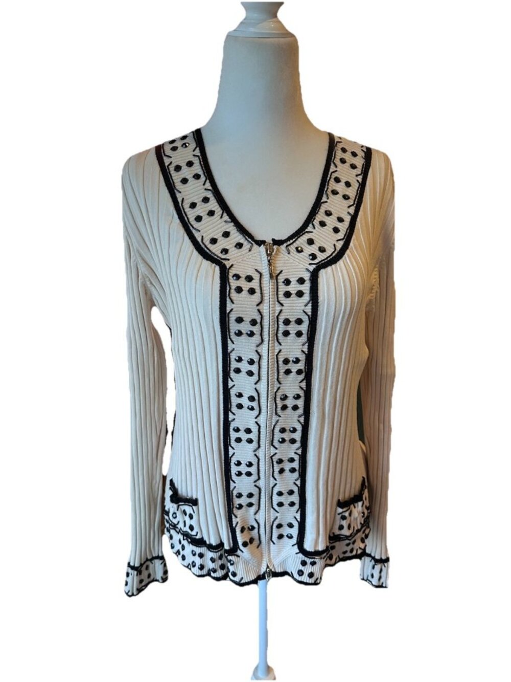 My Favorite Things by Colleen Lopez Beaded Silk Blend Zip Cardigan Xl Runs Small